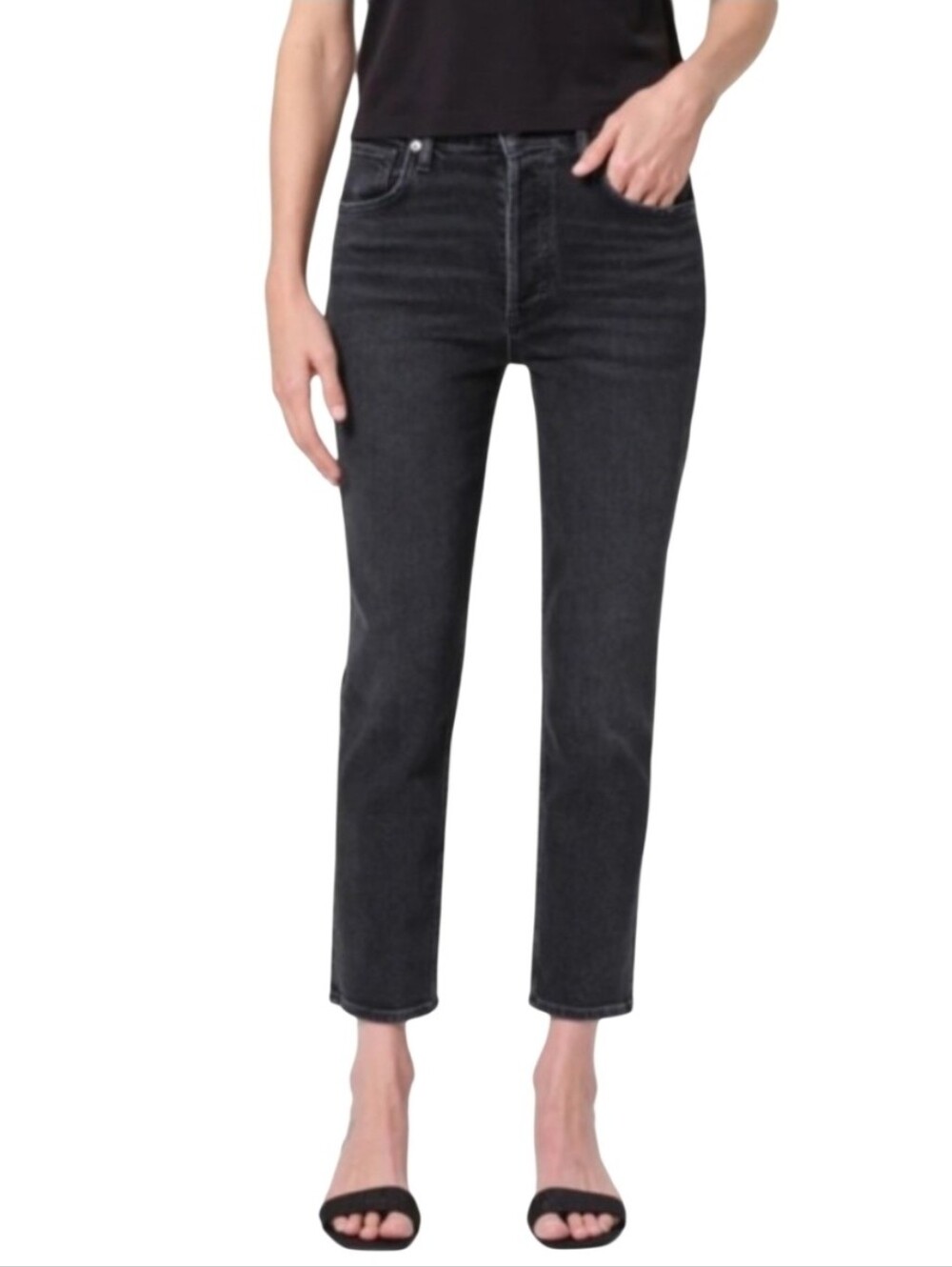 Agolde Riley Long Slim Straight Jeans High Rise Button Fly Washed Black 29